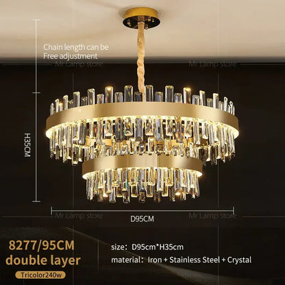 Gold double-layer crystal chandelier with cascading rods and twisted chain suspension for living room by decorbites