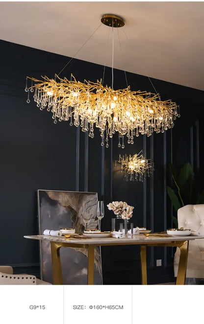 Golden branch-style crystal chandelier with dangling droplets for living room lamp package by DecorBites™