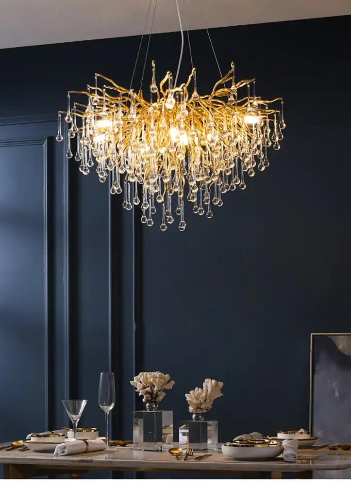 DecorBites™ crystal chandelier with golden branch design and dangling crystal droplets for living room lamp package