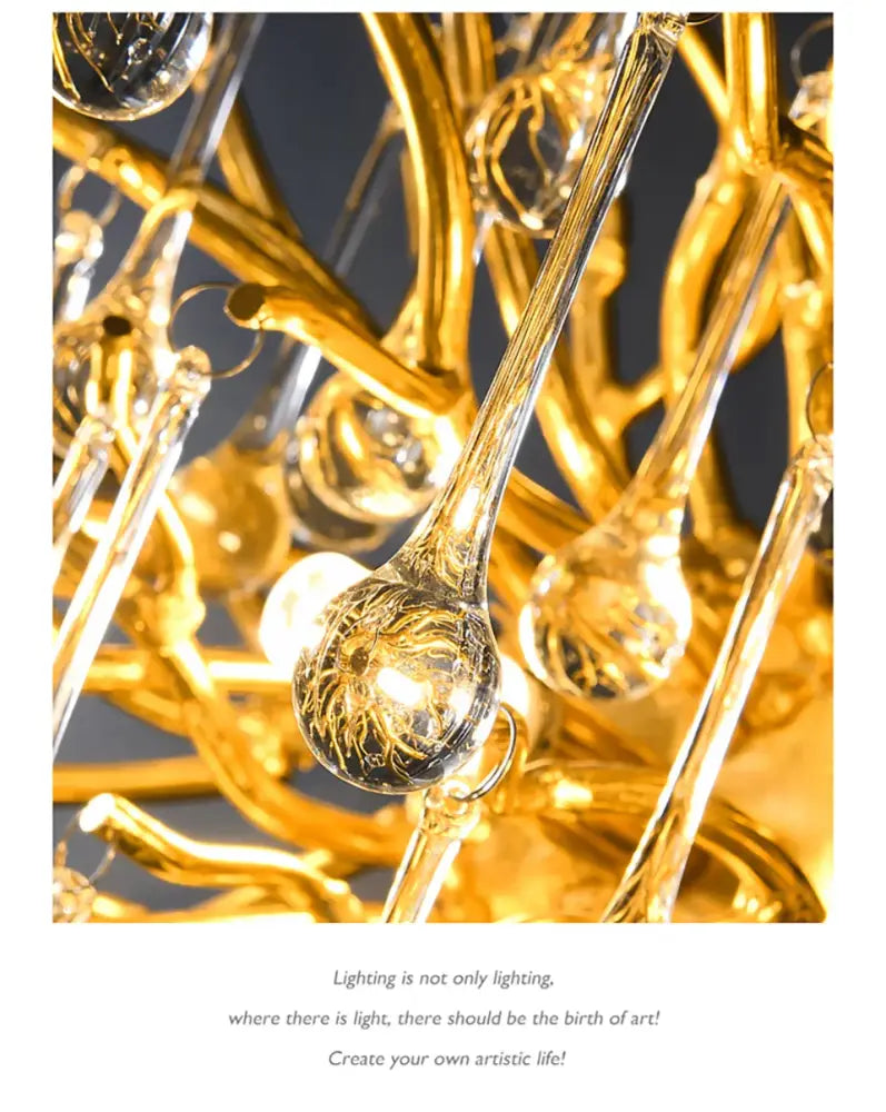 Decorbites crystal chandelier with golden glass and teardrop crystal pendants for living room lamp package