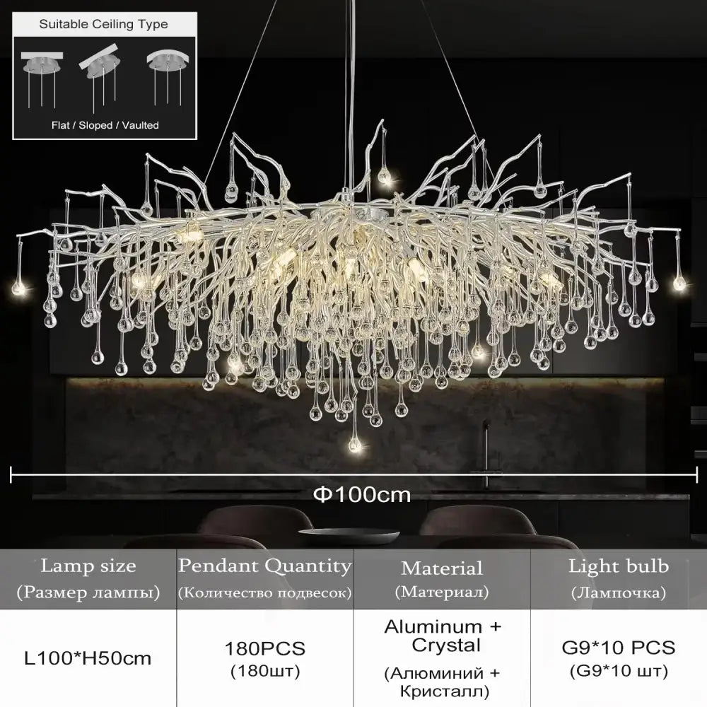DecorBites™ crystal chandelier with branching design aluminum frame 100cm wide perfect for living room lamp package