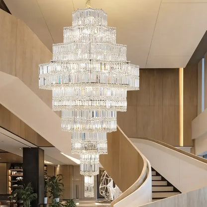 Decorbites crystal chandelier with cascading rectangular prisms in a modern European duplex villa hall luxury interior