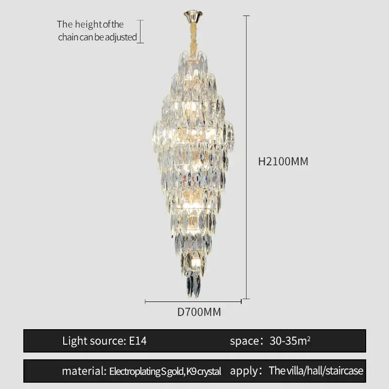 A tall elegant decorbites crystal chandelier with gold-plated finish and faceted k9 crystals for modern villa decor