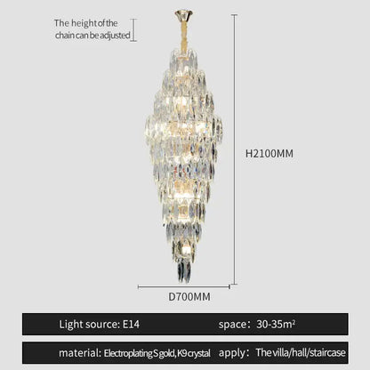 A tall elegant decorbites crystal chandelier with gold-plated finish and faceted k9 crystals for modern villa decor