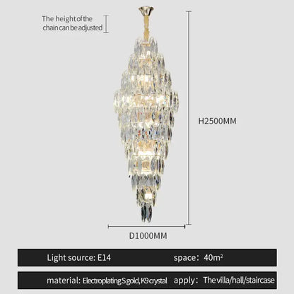 A tall elegant decorbites crystal chandelier with gold-toned electroplated frame and clear k9 crystals for luxe decor