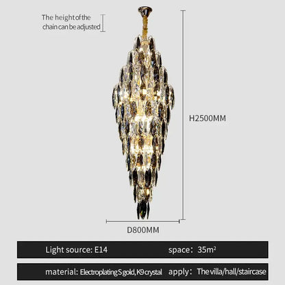 A decorbites crystal chandelier with cascading clear and dark crystal droplets on a gold-toned brass fixture