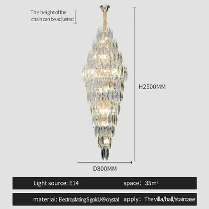A tall elegant decorbites crystal chandelier with gold-plated finish and faceted k9 crystals for modern villa decor