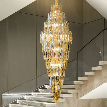 Decorbites crystal chandelier with luxurious gold finish and cascading clear faceted glass tiers for modern villa decor