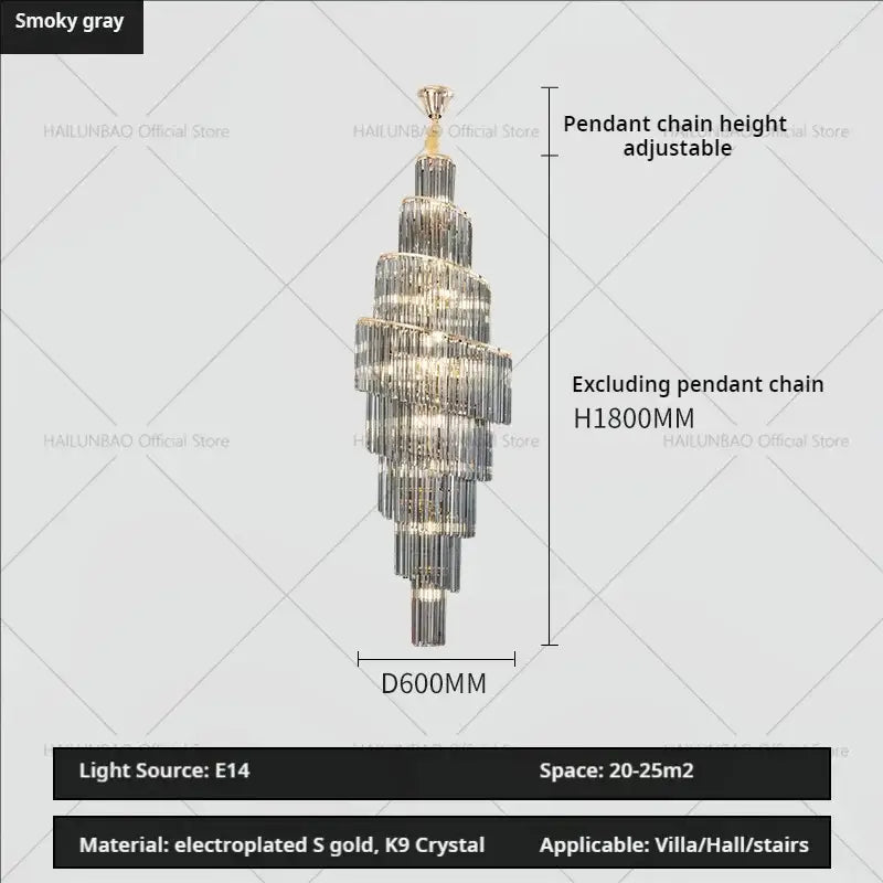 DecorBites crystal chandelier with tiered smoked gray K9 crystals and gold accents for modern villa luxury lighting