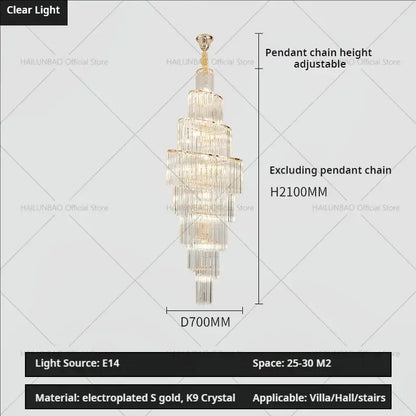 Decorbites crystal chandelier with tiered cascading k9 crystal strands and electroplated gold accents for penthouse villa living room