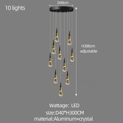 Black and gold decorbites crystal chandelier with ten crystal-encrusted fixtures on aluminum base for stairwell lighting