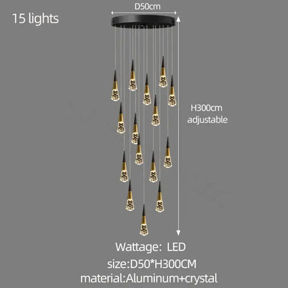 Black and gold decorbites crystal chandelier with 15 crystal pendants on aluminum base for stairwell and living room lighting