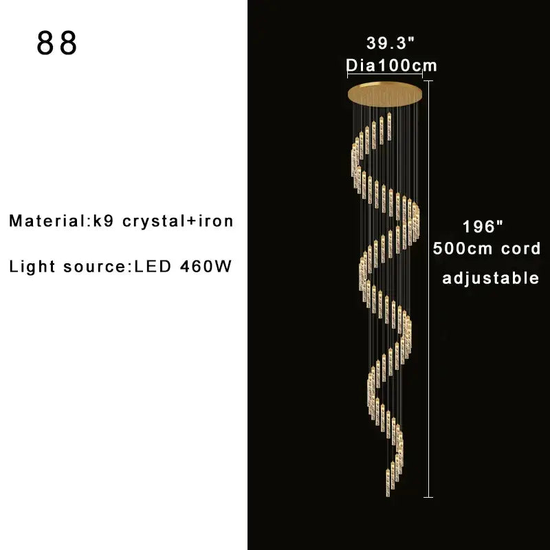 Decorbites crystal chandelier with k9 crystal and iron spiral design featuring gold-toned top for foyer stairwell