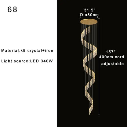 A decorbites crystal chandelier with k9 crystal and iron in golden tone designed for circular stairwell foyers