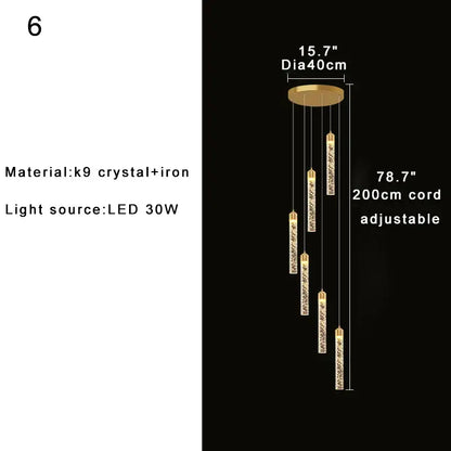Gold-toned decorbites crystal chandelier with five cascading k9 crystal rods for circular stairwell and two-storey foyer