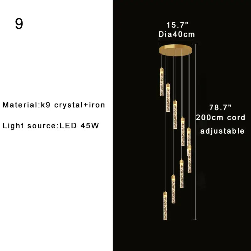 Gold-toned decorbites crystal chandelier with cascading cylindrical pendants for two-storey foyer and circular stairwell