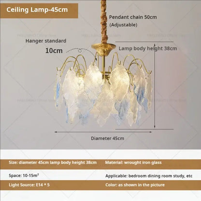 Elegant 45cm decorbites crystal chandelier with golden wrought iron frame and translucent glass leaf shades in white and blue