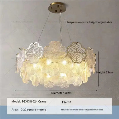 Decorbites crystal chandelier with layered glass leaf lampshades in translucent white and frosted gold for modern spaces