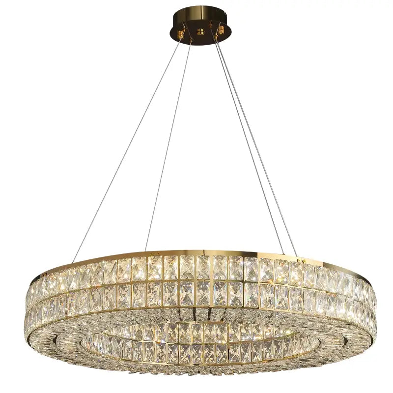 Gold-toned decorbites crystal chandelier with double-tier clear faceted prisms in concentric circular bands for living room