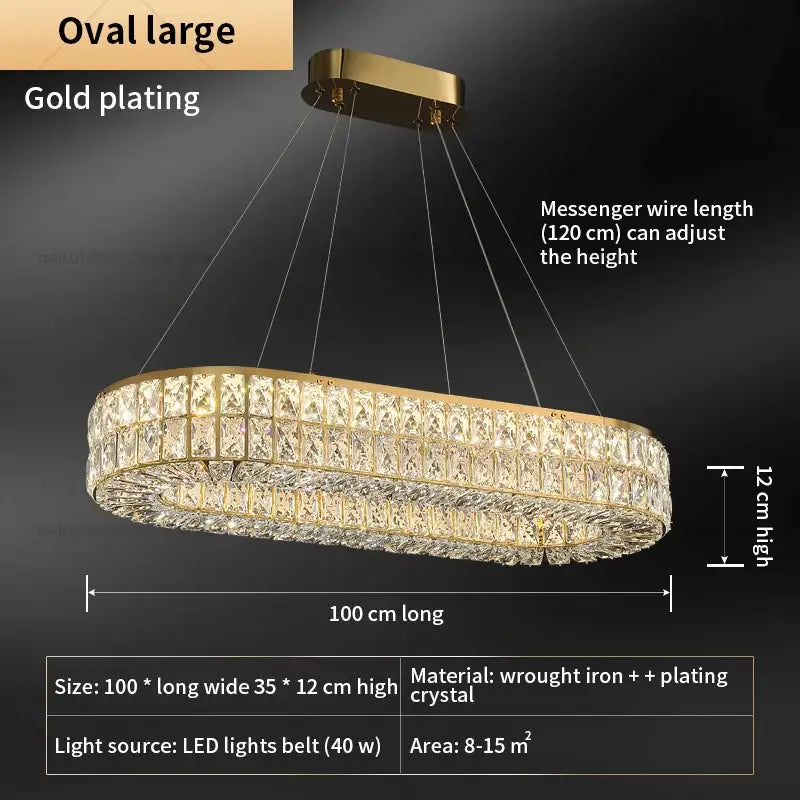 Gold-plated DecorBites crystal chandelier oval with two tiers of clear crystals 100 cm by 35 cm for living room lighting