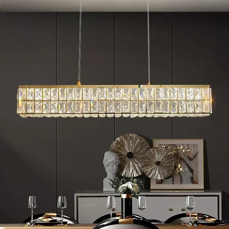 DecorBites crystal chandelier with gold-toned rectangular frame and faceted crystal panels for elegant living spaces