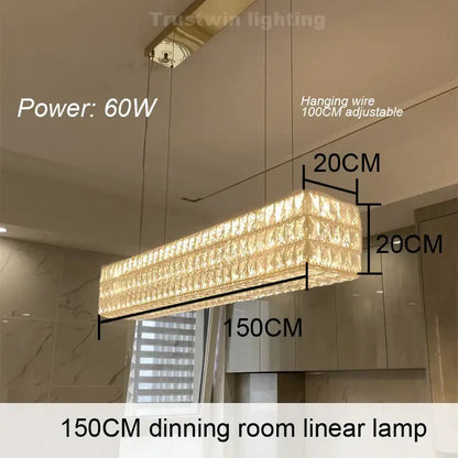 A 150cm DecorBites crystal chandelier with a rectangular crystal design and warm golden light for dining rooms