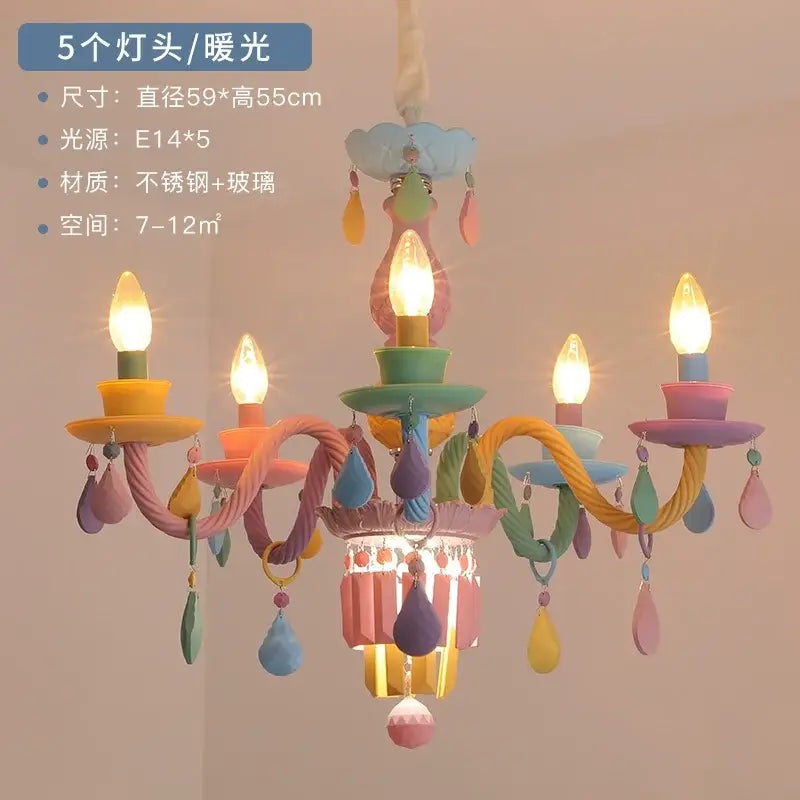 Pastel-colored decorbites crystal chandelier with five candle-style lights made of stainless steel and glass for baby bedroom lighting