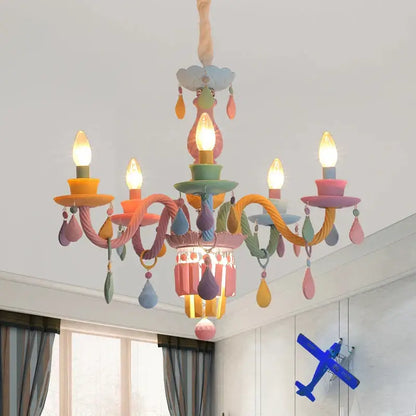 Decorbites crystal chandelier girl baby bedroom lighting fixture with pastel multi-armed metal design and teardrop ornaments