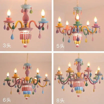 Pastel-colored DecorBites crystal chandelier with painted metal arms and glass droplets for girl baby bedroom lighting