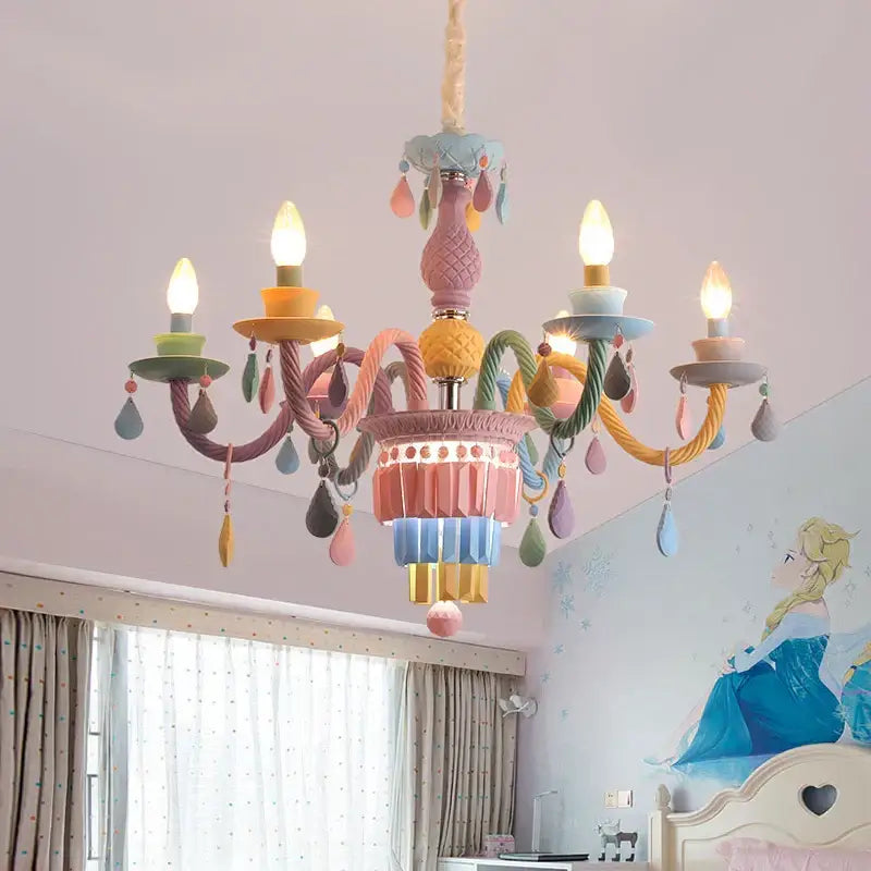Pastel-colored decorbites crystal chandelier with colorful rope-like arms and teardrop ornaments for girl baby bedroom lighting fixture