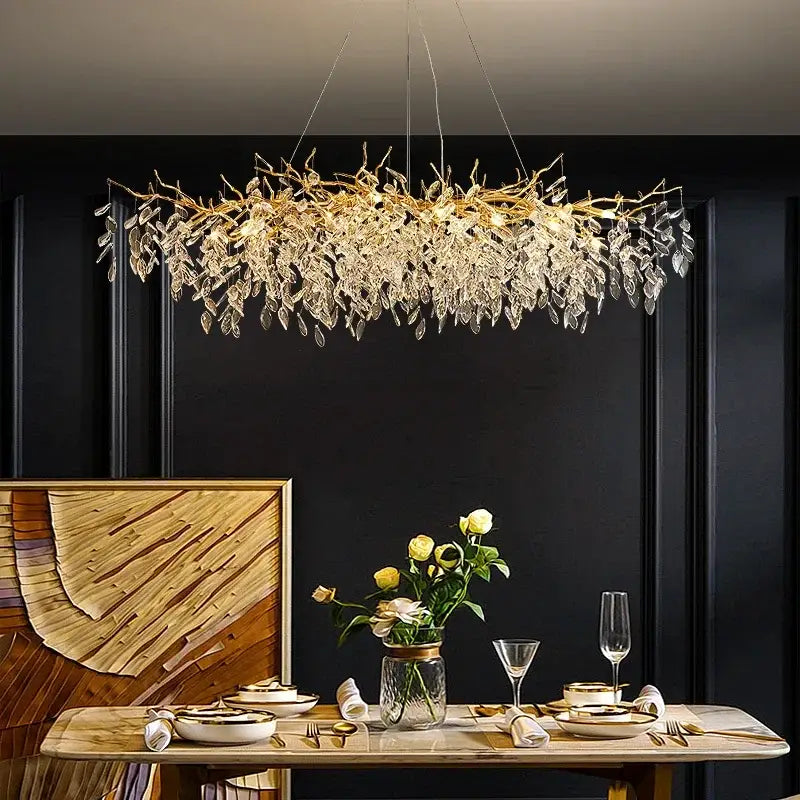 Gold branch lustre decorbites crystal chandelier with dangling crystal leaves for dining room lighting