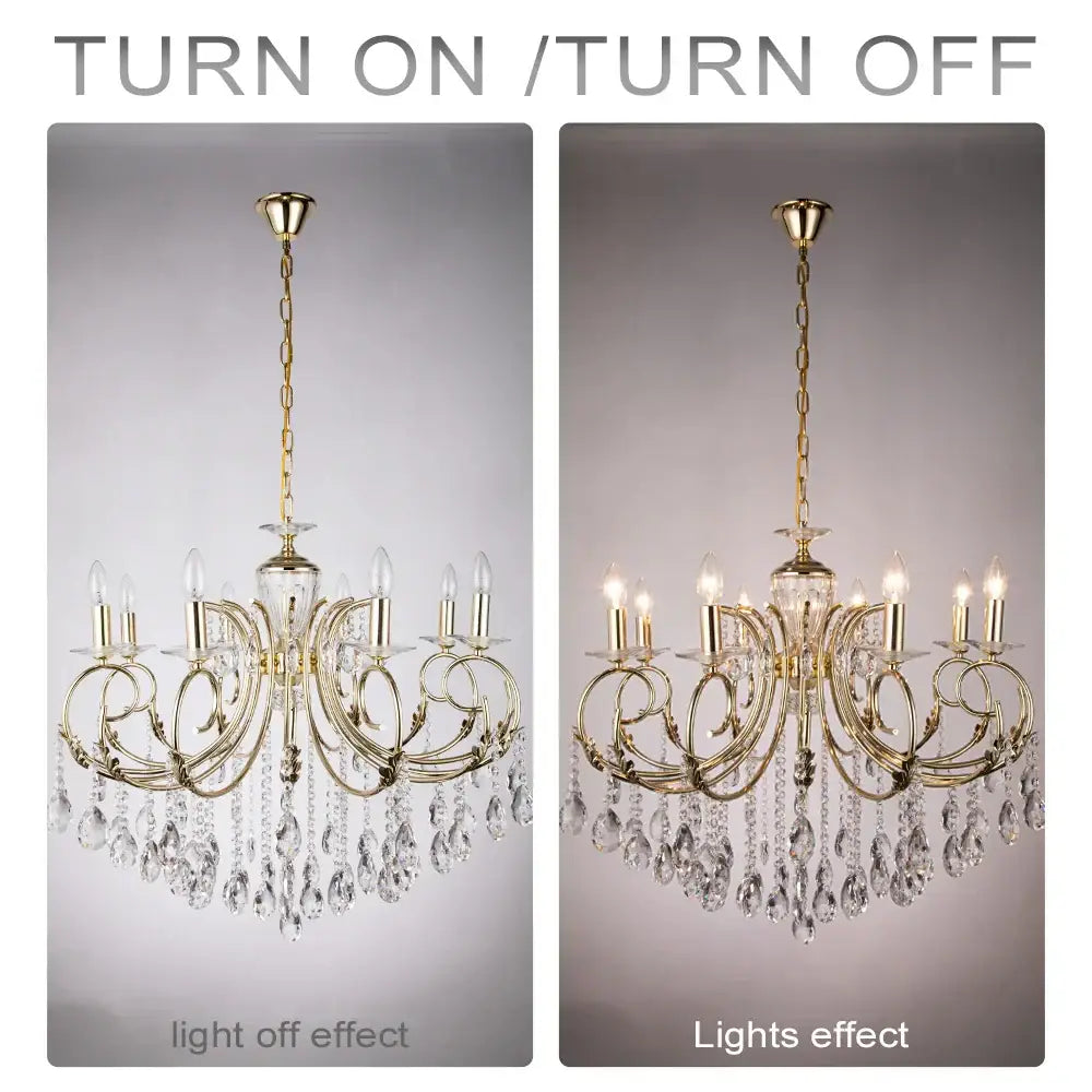 Gold-finished decorbites crystal chandelier with clear crystal droplets and candle-style bulbs for luxury lighting