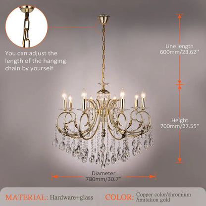 Elegant copper-colored DecorBites crystal chandelier with crystal droplets and six candle-style LED lights