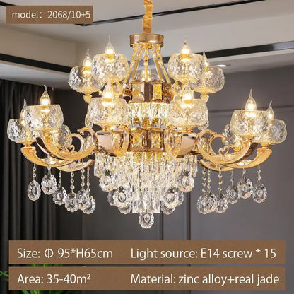 Gold-toned decorbites crystal chandelier with intricate crystal glass shades and jade accents for grand european villa use