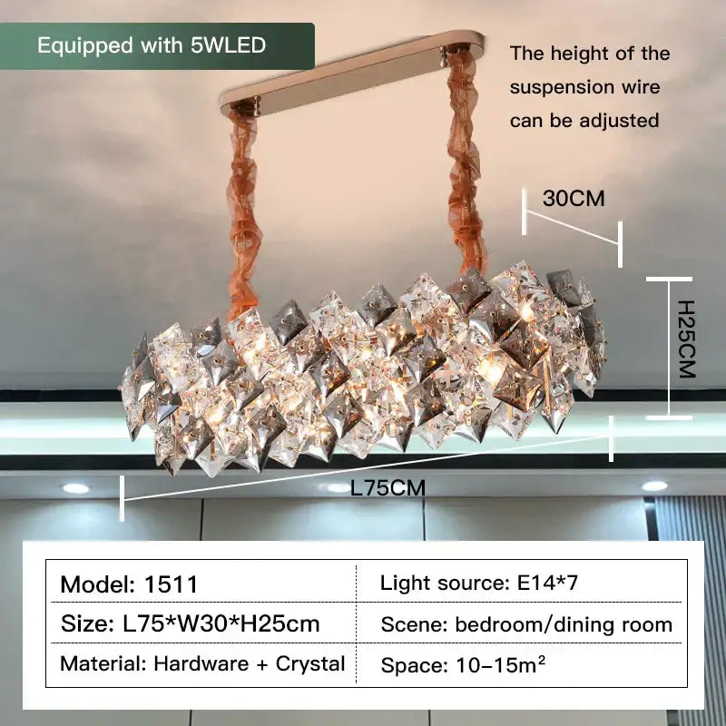 A modern elongated decorbites crystal chandelier with a metallic frame and faceted crystals for living room lighting