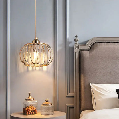 DecorBites™ crystal chandelier gold-toned cage pendant light fixture with clear glass panels and warm glow for modern décor
