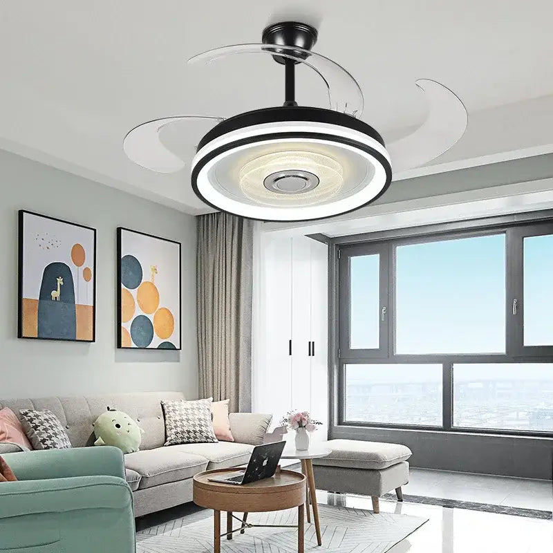 Modern black and white DecorBites crystal chandelier LED ceiling fan with integrated LED lighting and remote control switch