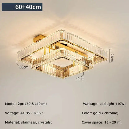 Gold and chrome DecorBites crystal chandelier LED ceiling light with stacked crystal panels for dimmable foyer lighting