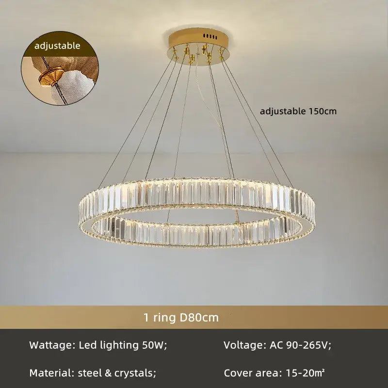 DecorBites crystal chandelier with clear crystal segments and gold steel frame adjustable to 150cm height for stairs lighting