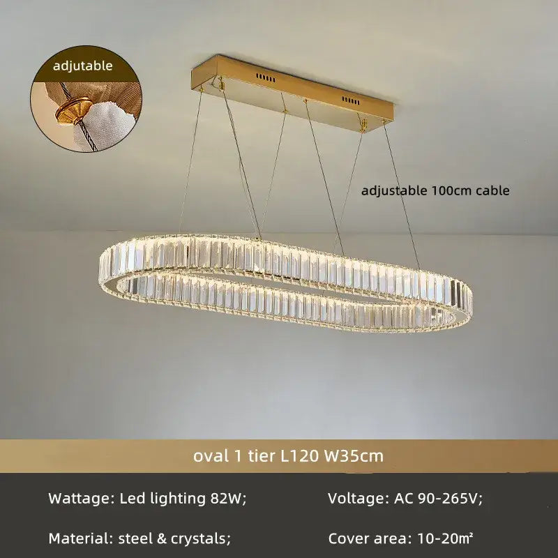 Gold-toned decorbites crystal chandelier with two tiers of clear crystal segments in a steel frame for stairs lighting