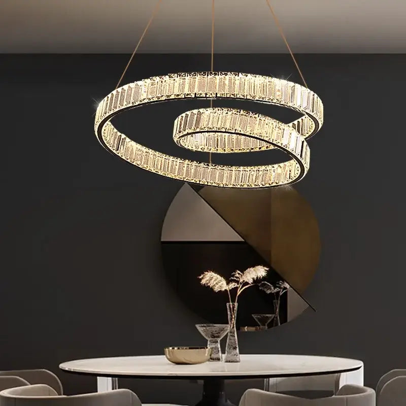 Decorbites crystal chandelier led featuring a modern double-ring design with faceted crystals and gold metal frame