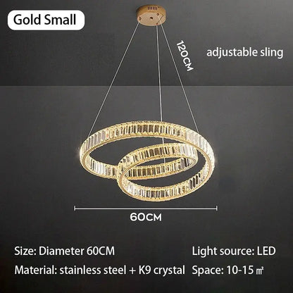 Gold-colored decorbites crystal chandelier led with double-ring design, stainless steel frame, and k9 crystal accents