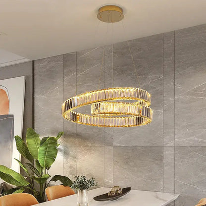 DecorBites™ modern luxury gold-toned double-ring crystal chandelier led light fixture with faceted crystal accents