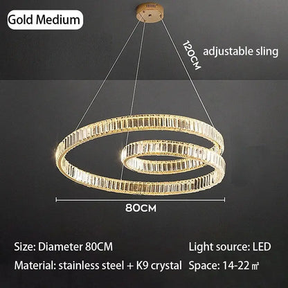 Gold medium double-ring crystal chandelier led with stainless steel and k9 crystal in a modern luxury led light fixture