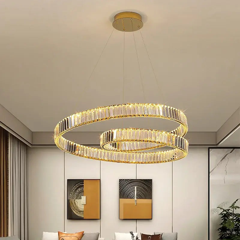 Gold-toned double-ring crystal chandelier led light fixture with faceted crystal accents by DecorBites modern luxury lamp