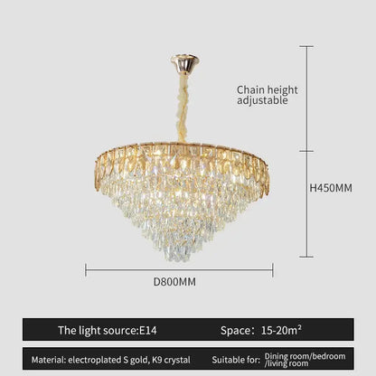 A luxurious gold-plated decorbites crystal chandelier with cascading clear k9 crystal tiers for elegant living rooms