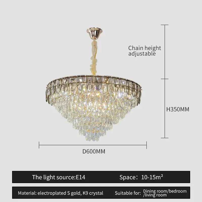 DecorBites crystal chandelier with gold-plated finish and cascading k9 crystals for modern living and dining rooms