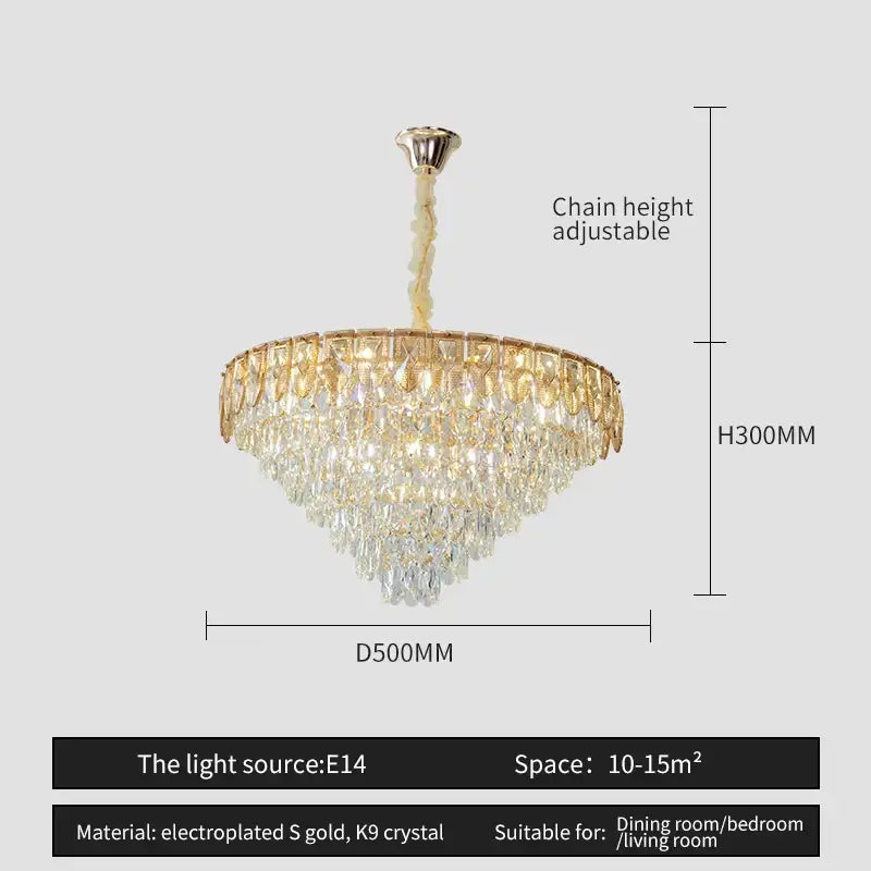 Gold electroplated decorbites crystal chandelier with cascading k9 crystal tiers for luxury living room and hotel use