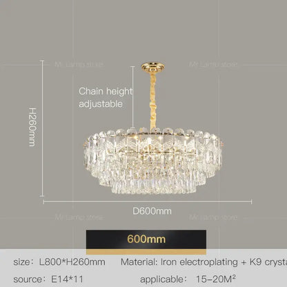 DecorBites crystal chandelier with gold-toned iron electroplated frame and cascading k9 crystals for luxury lighting