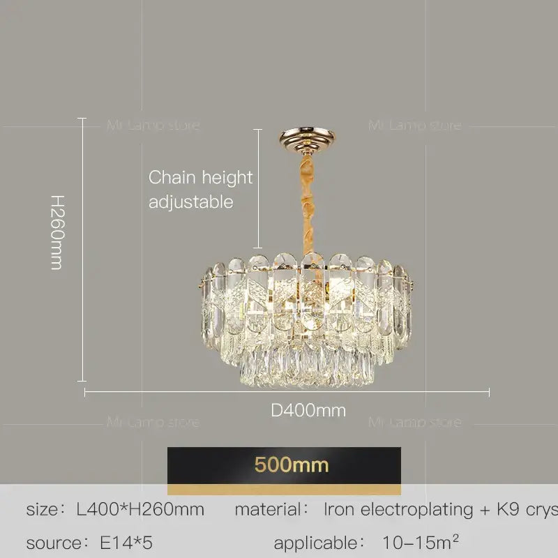 Decorbites crystal chandelier with gold-toned iron electroplated frame and faceted glass prisms for modern luxury lighting